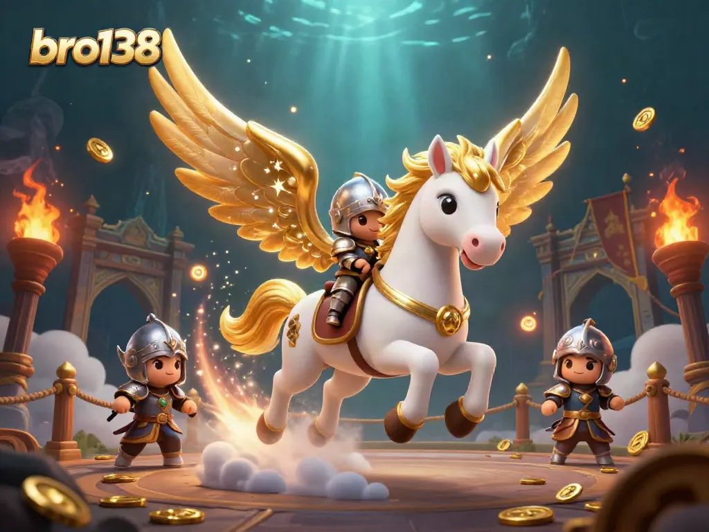 Experience winnings at bro138 with a celestial knight, luck-filled coins, and interactive casino elements.