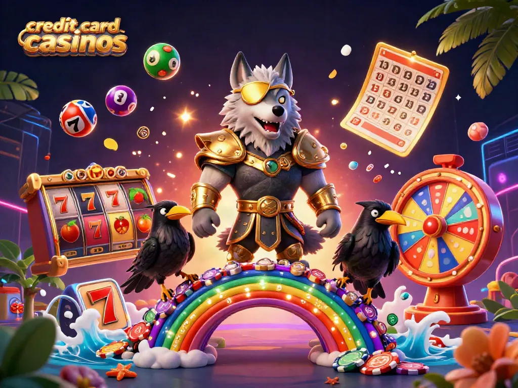 Experience excitement at credit card casinos with colorful slot reels and vibrant gaming elements.
