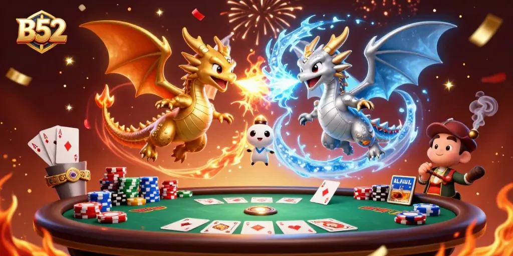 Experience thrilling B52 gameplay with dragons battling in a vibrant casino setting.