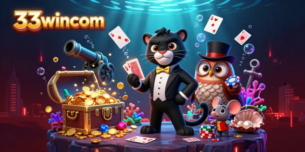 Experience the excitement of 33wincom with a vibrant casino illustration featuring charming characters.