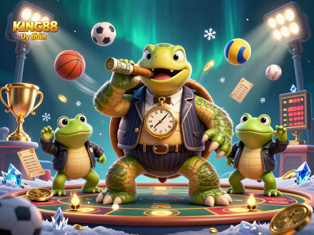 Engage with KING88 Uy tín through a dynamic 3D casino scene featuring vibrant characters and elements.