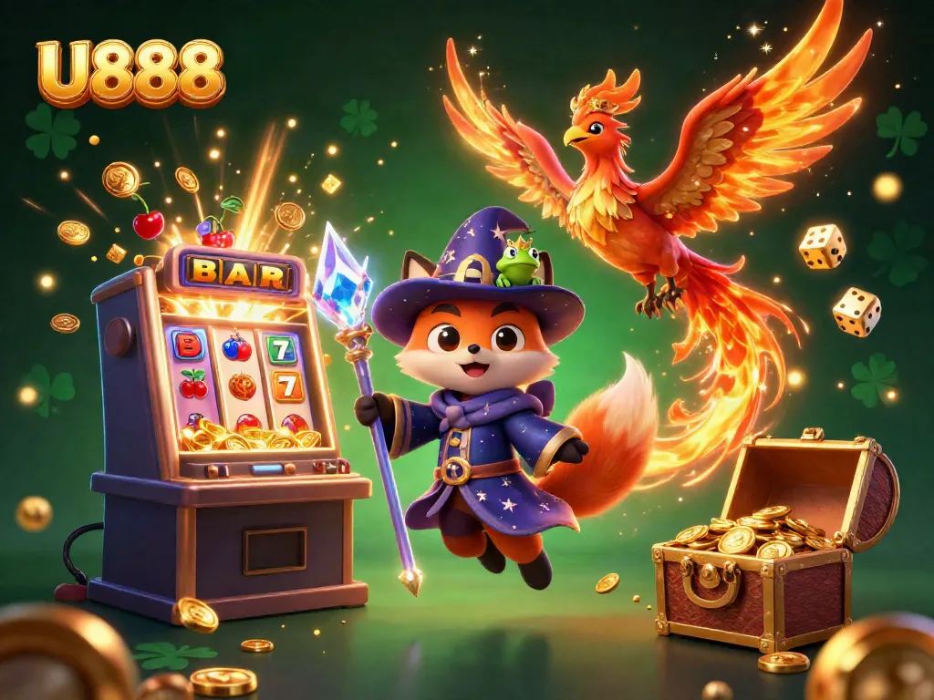 Engage with U888's thrilling jackpot games in this vibrant 3D casino scene featuring a mystical wizard and phoenix.