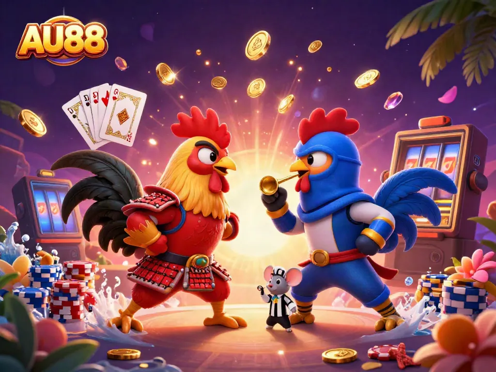 Engage with excitement as AU88 features twin roosters in dramatic standoff, surrounded by casino elements.