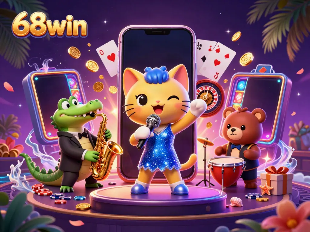 Experience the thrill of 68win with vibrant characters performing under casino lights, highlighting engaging gameplay.