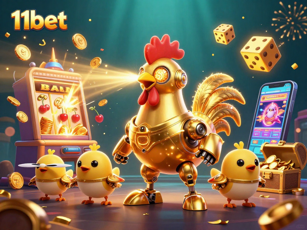 Experience thrilling 11bet gaming with a vivid illustration of a rooster robot and baby chick drones amidst dynamic casino elements.