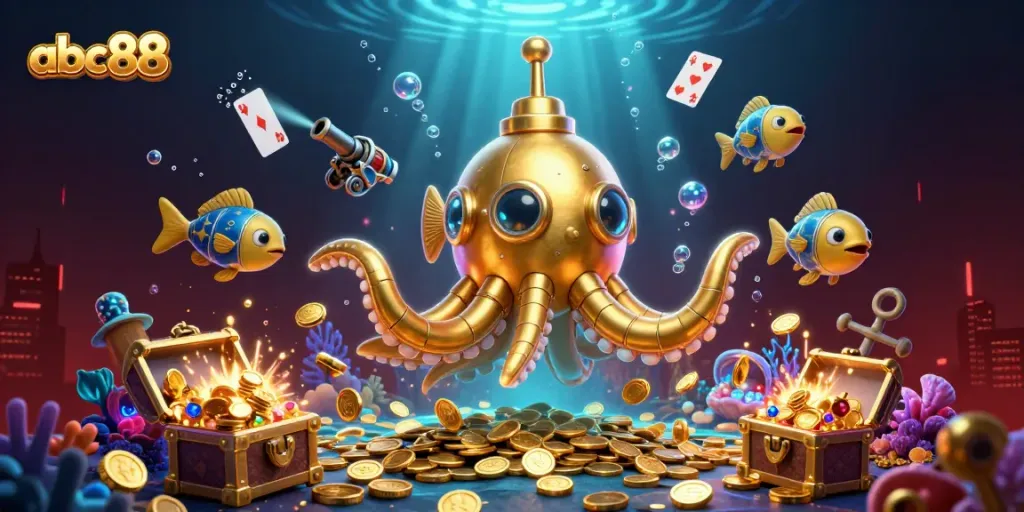Engage with the explosive riches of abc88 in a vibrant underwater casino scene filled with treasures.