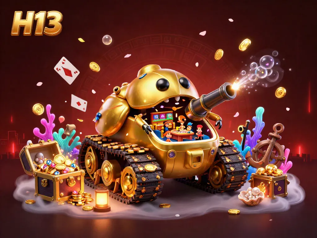 Experience the thrilling world of H13 online casino gaming with an enchanting 3D illustration showcasing dynamic characters, vibrant treasures, and gaming elements.