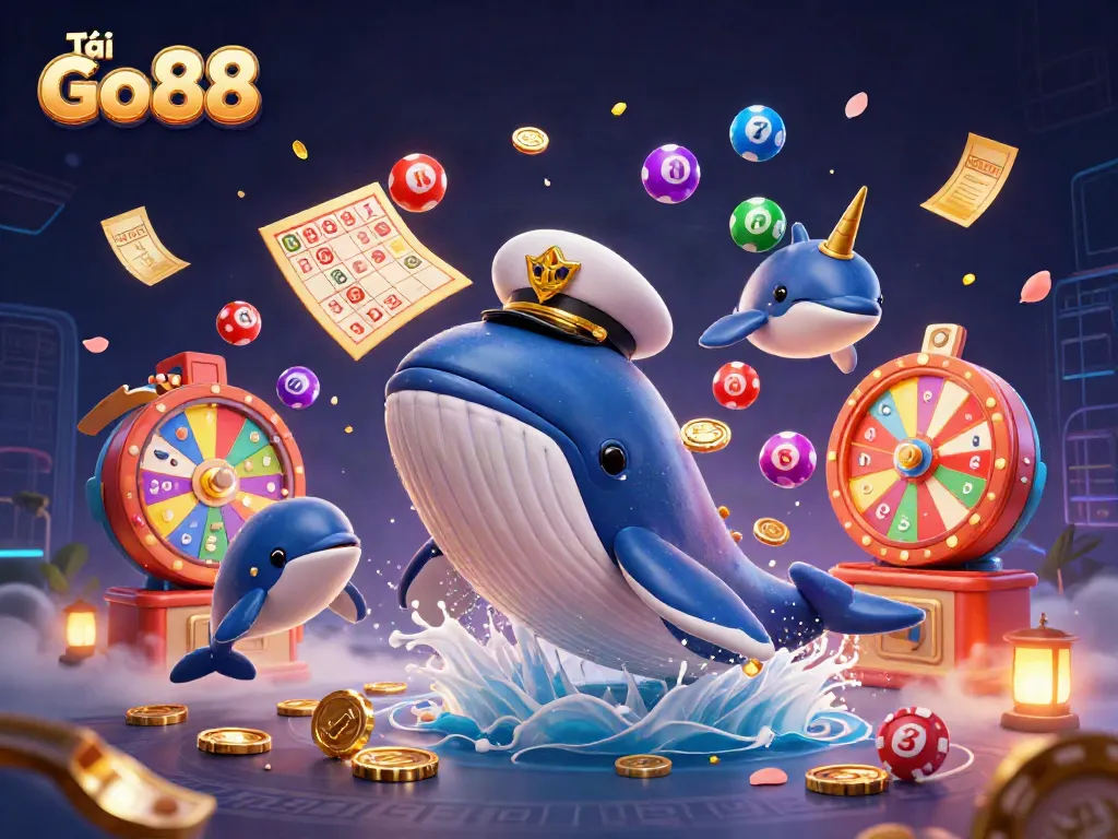Engage in thrilling action with Tải Go88, featuring a vibrant 3D whale and colorful lottery elements.