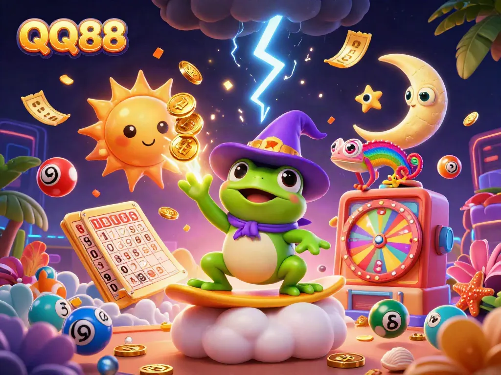 Experience the thrilling online gaming world of QQ88 with dynamic casino elements and vibrant characters.