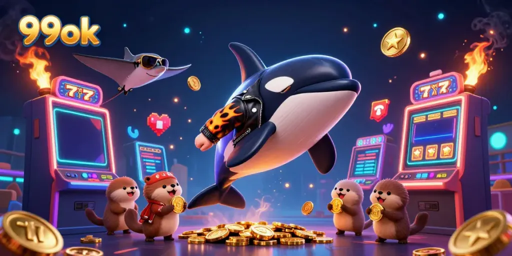 Engage in thrilling gameplay with 99ok, featuring a vibrant dynamic casino scene with 3D characters.
