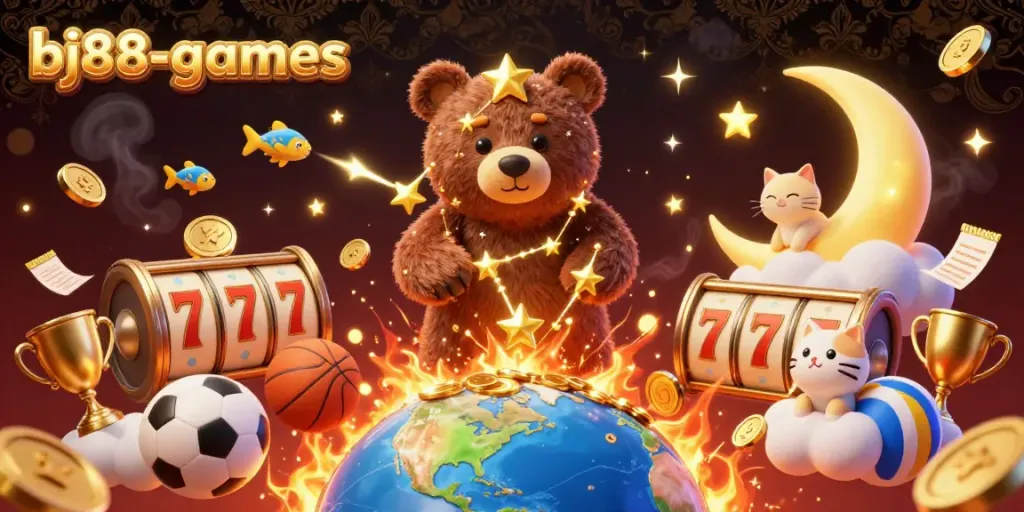 Engaging illustration of bj88-games showcasing a colorful casino scene with golden stars, jackpot elements, and energetic characters.