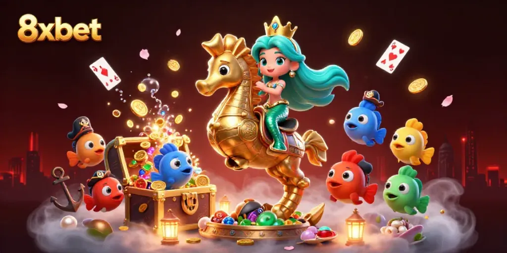 Celebrate wins with 8xbet in a vibrant underwater casino world featuring a mermaid and seahorse.