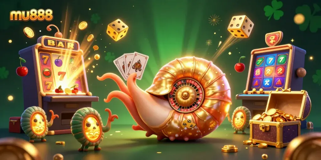Experience exciting games at mu888 with a vibrant 3D illustration of a nautilus roulette wheel, slot machines, and coins.