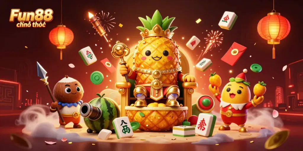 Engage with Fun88 chính thức in a lively 3D casino scene featuring vibrant characters and elements of luck.