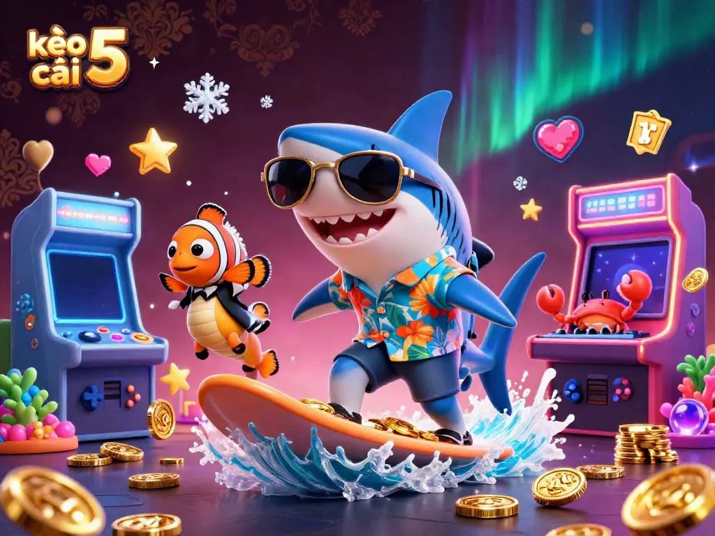 Enjoy the excitement of kèo nhà cái 5 with a vibrant representation of surfing sharks and gaming elements.