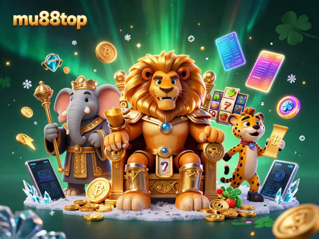 Join the exciting world of mu88top with a lion king on a throne surrounded by casino elements.