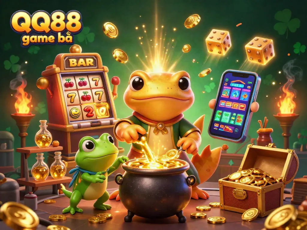 Experience the thrill of QQ88 game bài with colorful slots, gold coins, and dynamic casino elements.
