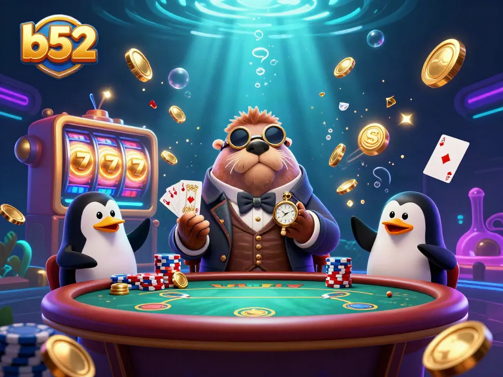 Experience the excitement at b52 with a 3D illustrative poker scene featuring a walrus and friends.