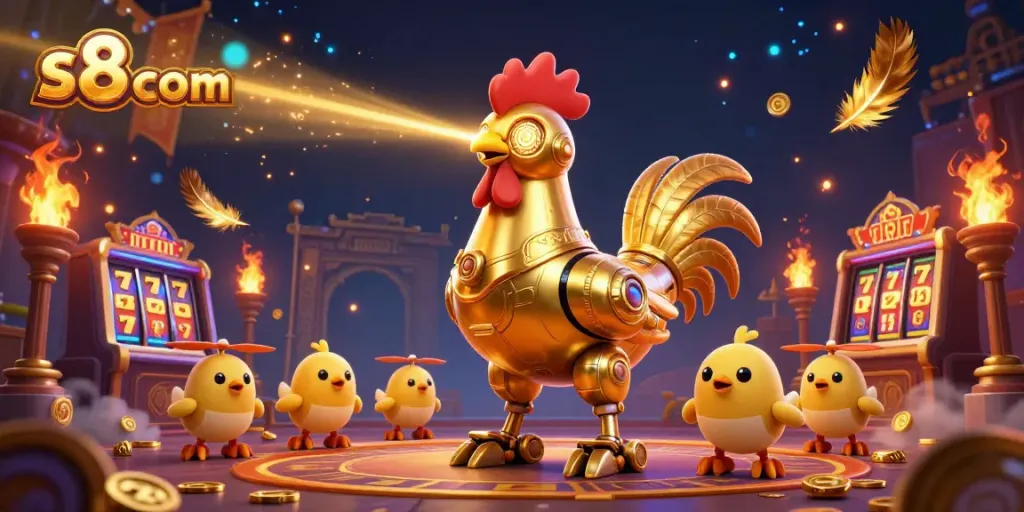 Engage in thrilling casino action with s8 com featuring a golden rooster robot and baby chick drones amidst slot machines.