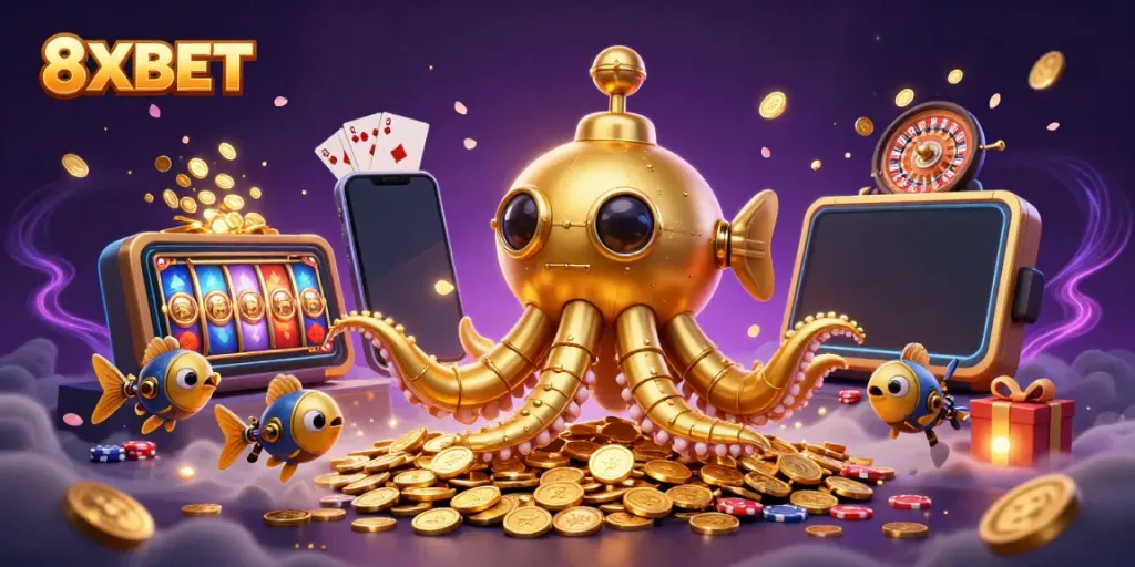 Experience thrilling gaming adventures with 8XBET's interactive golden kraken submarine amidst golden coins and vibrant games.