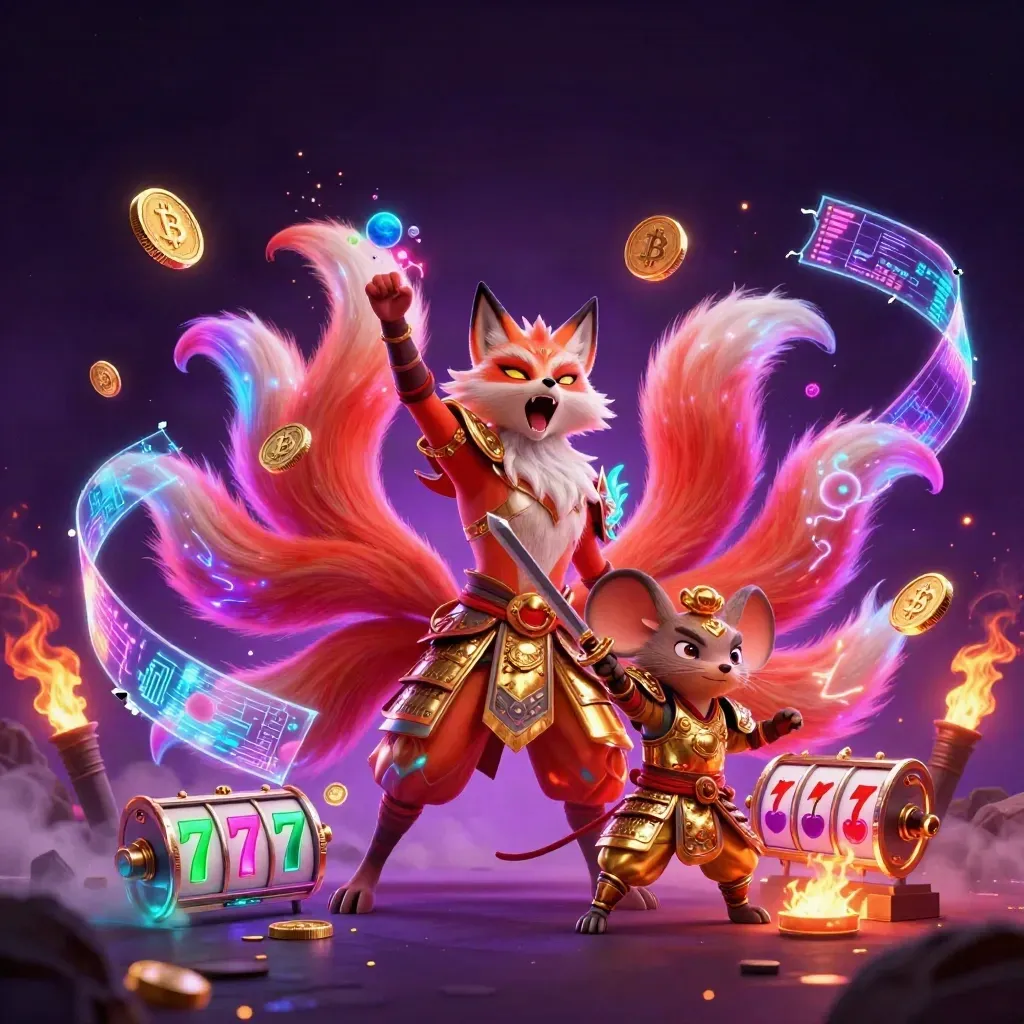 Nine-tailed fox spirit and samurai mouse amid neon crypto coins and slot symbols.