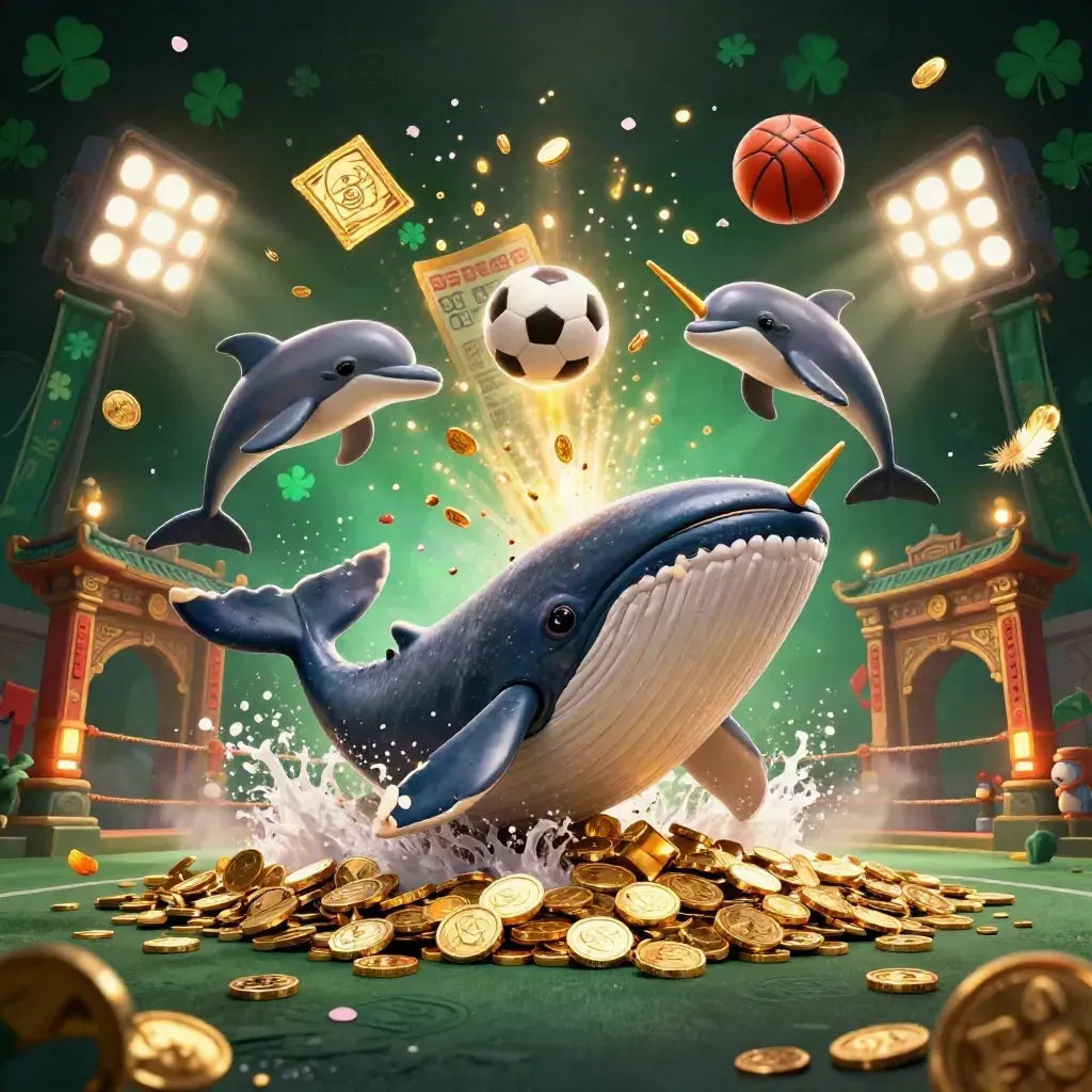 Whale captain, narwhal and dolphins burst through coins with balls, temple gate and glowing casino haze.