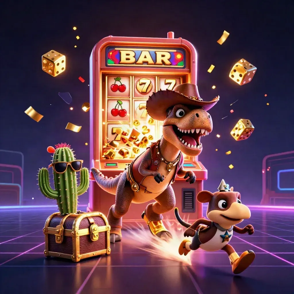 Cowboy T-Rex, cactus sidekick and sheriff roadrunner burst from a jackpot slot machine in neon gold.