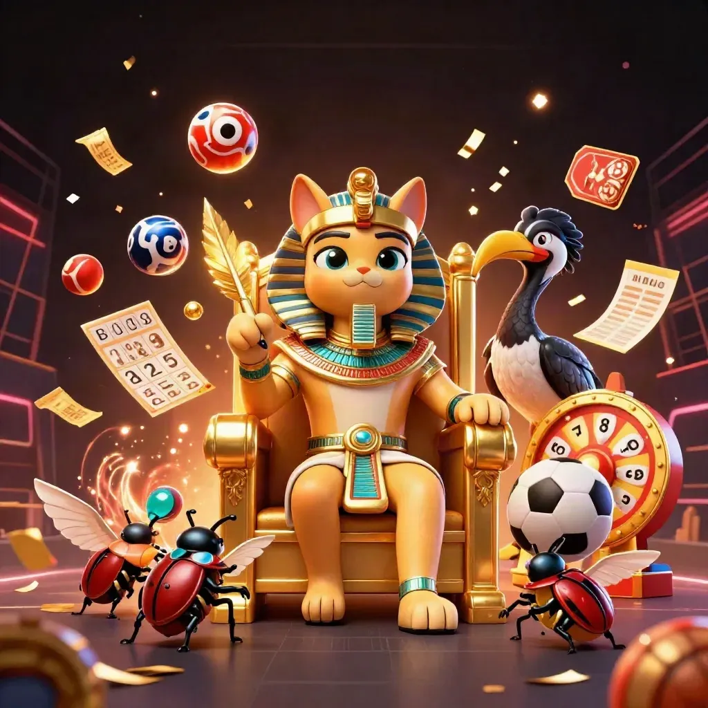Pharaoh cat, ibis scribe, and scarabs amid casino balls, wheel, confetti, and glowing lights