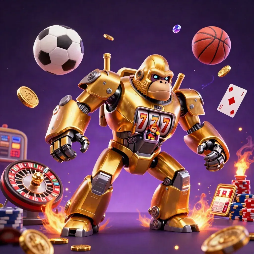 Golden gorilla mech, tiny monkey pilot, flying coins, cards, chips, balls and roulette in a purple arena.