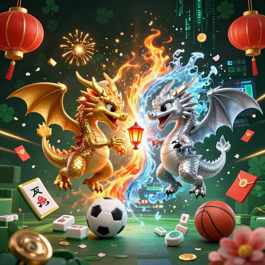 Twin gold and silver dragons clash in fire and ice amid balls, lanterns, and casino tokens.