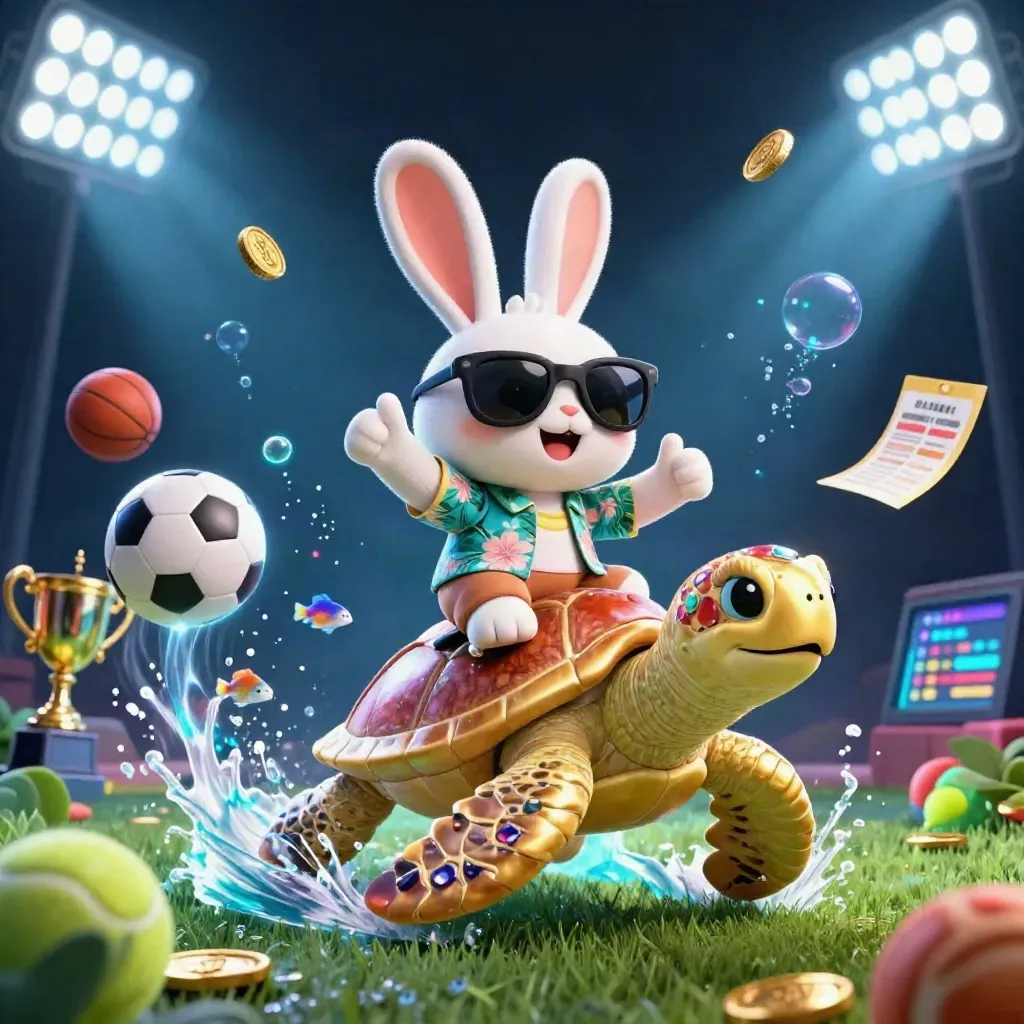 Lucky rabbit rides a gold turtle amid flying sports balls, coins, and stadium lights.