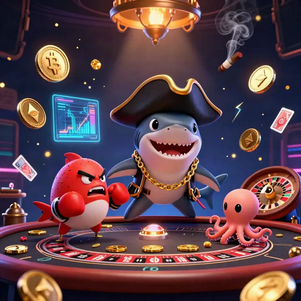 Shark captain, boxing pufferfish, and coin-juggling octopus in a neon casino