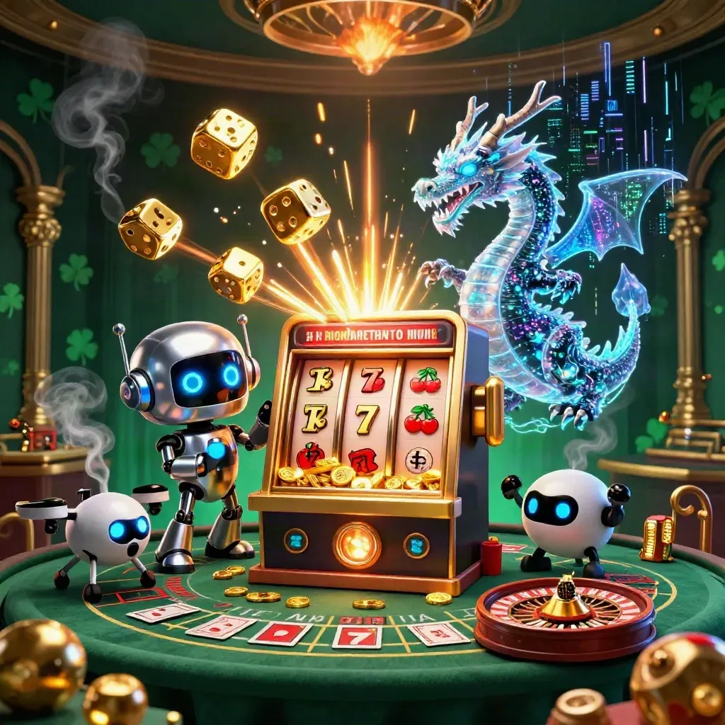 Cyberpunk robot, holographic dragon, and coin drone amid jackpot bursts in a luxe casino hall.