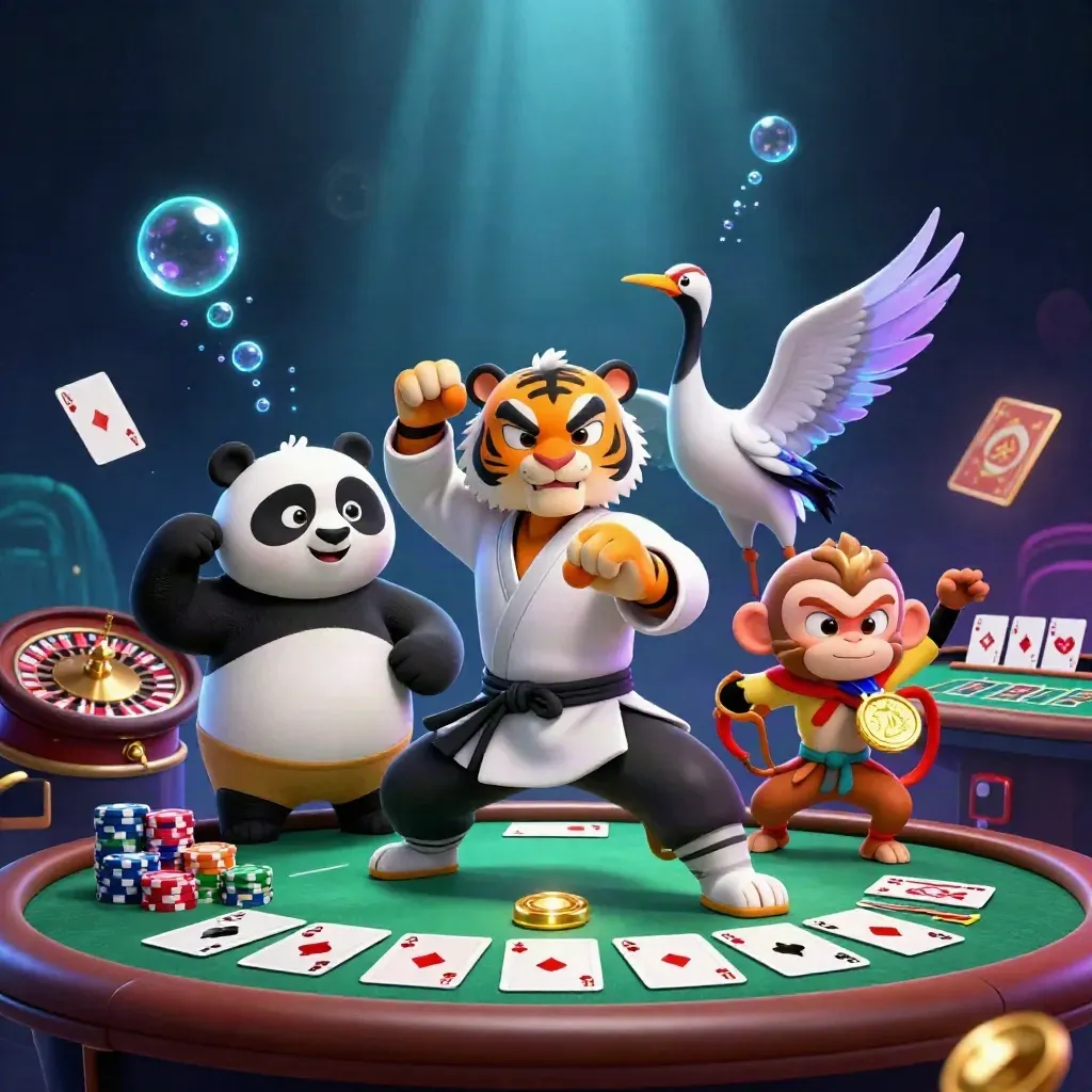 Kung-fu tiger, panda, and monkey in a neon casino scene with poker, roulette, and glowing effects.
