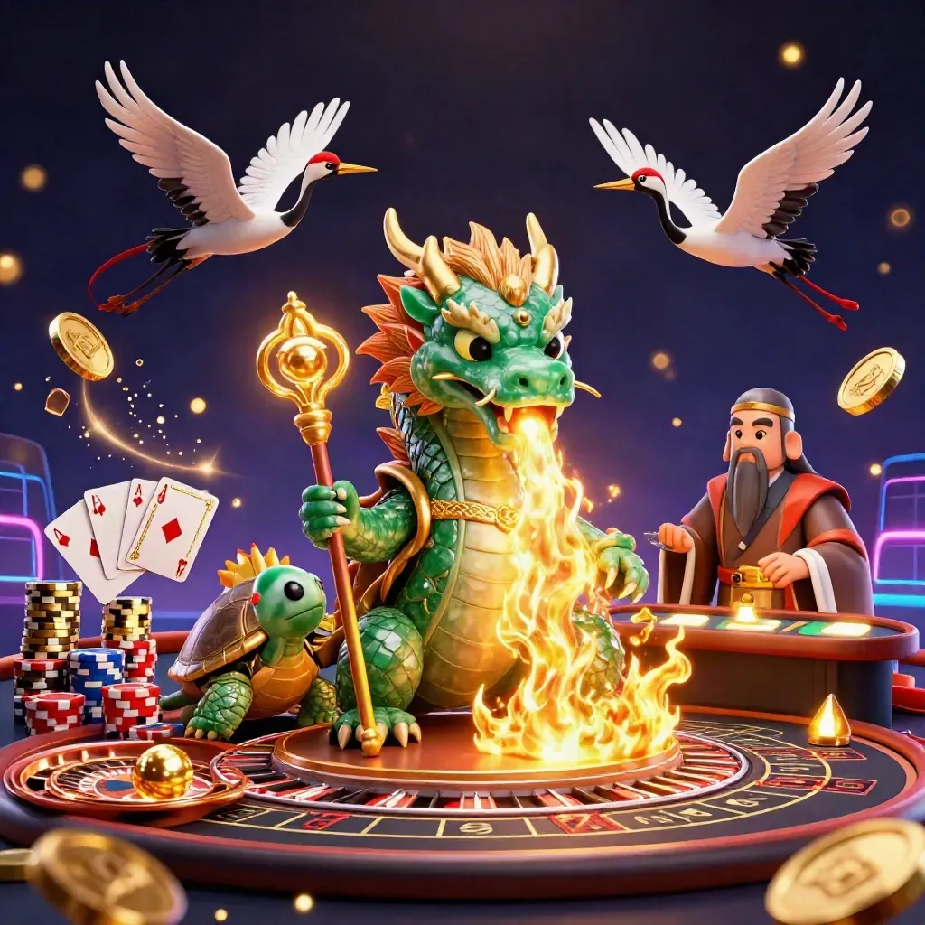 Emerald dragon, turtle sage, and cranes amid casino gold, cards, chips, and a spinning wheel.