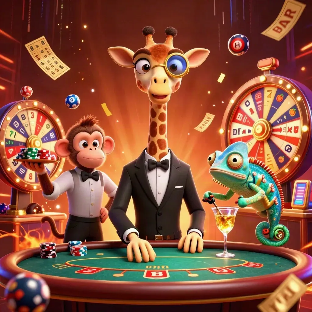 Giraffe, monkey valet, and chameleon bartender amid casino loot, neon sparks, and glowing gold effects