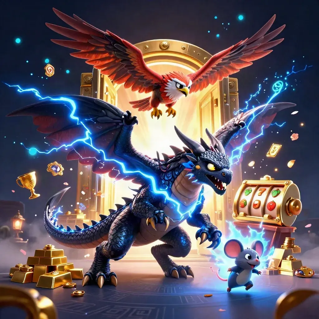 Dragon, hawk, and thunder-mouse erupt from a golden vault amid gems and lightning.