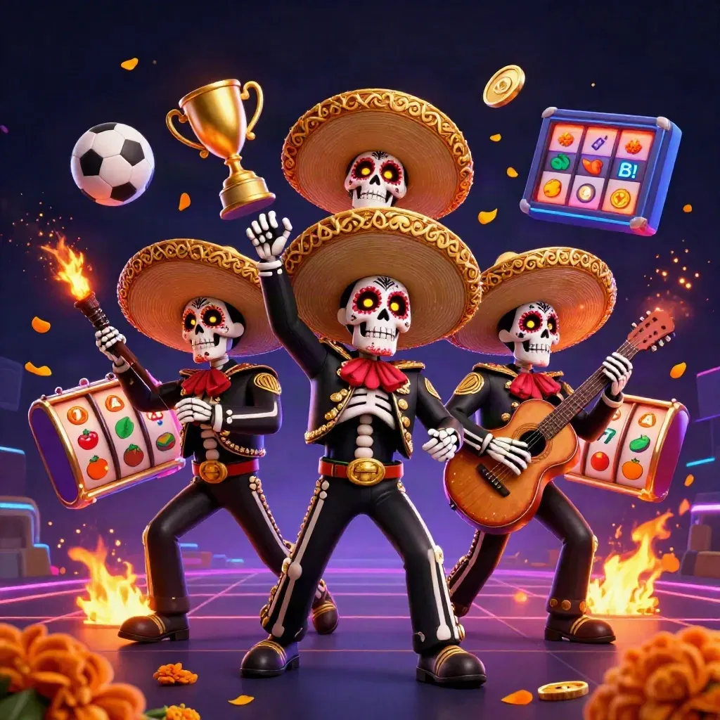 Three sugar-skull mariachi skeletons amid sports balls, trophy, coins, and neon casino effects.