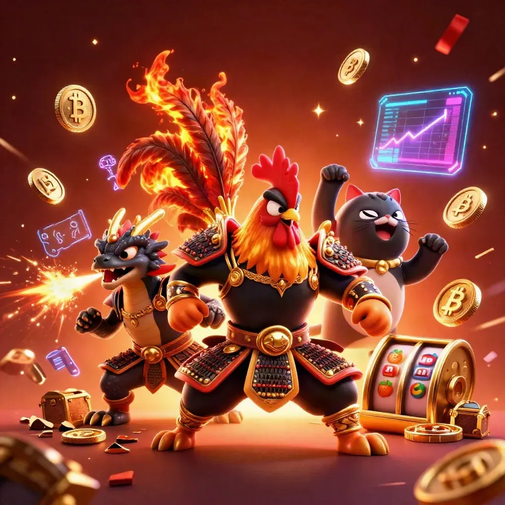 Rooster warrior, dragon hatchling, and fortune-cat amid casino loot, embers, and glowing coins.