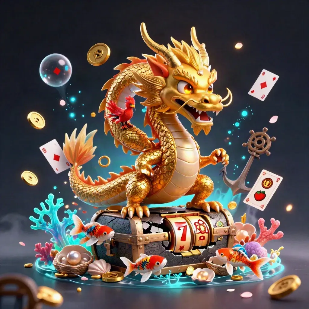 Golden dragon and phoenix erupt from a treasure chest amid glowing underwater casino riches.