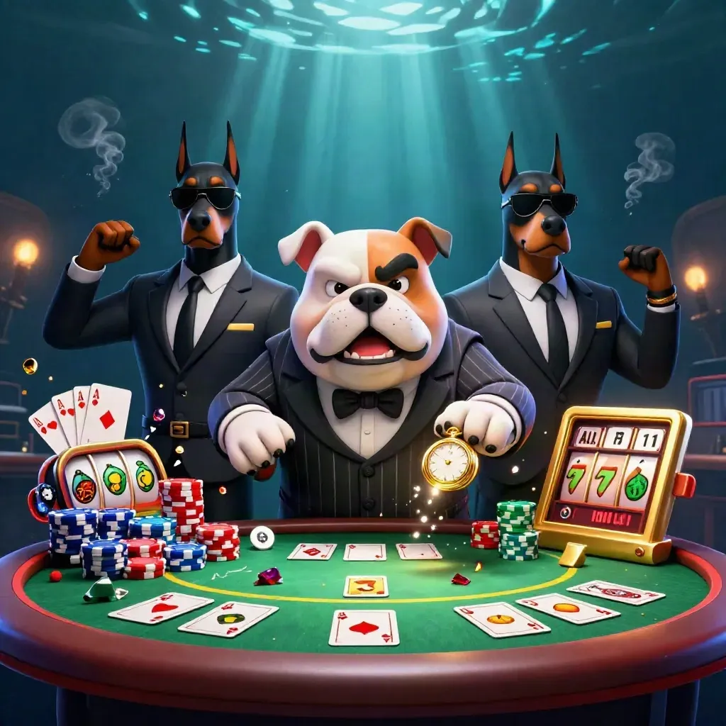 Bulldog boss and two Dobermans amid chips, cards, reels, gold sparks, and teal underwater light