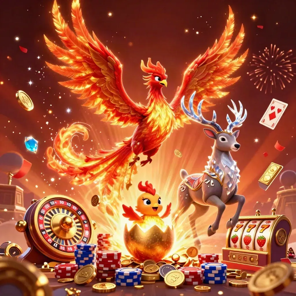 Phoenix, baby phoenix, and crystal stag amid coins, chips, reels, and fireworks in a treasure burst.