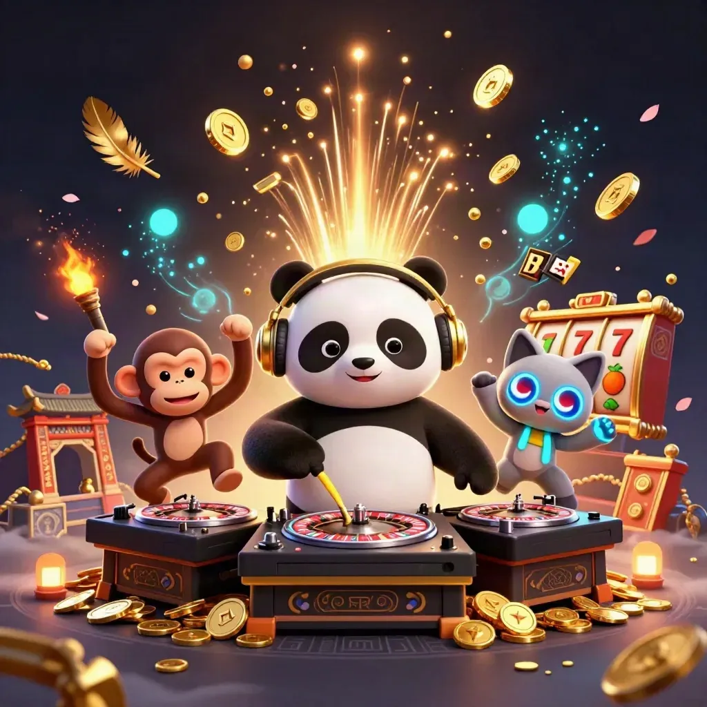 DJ panda, monkey, and glow-stick kitten burst through coins in a premium gladiator casino scene.