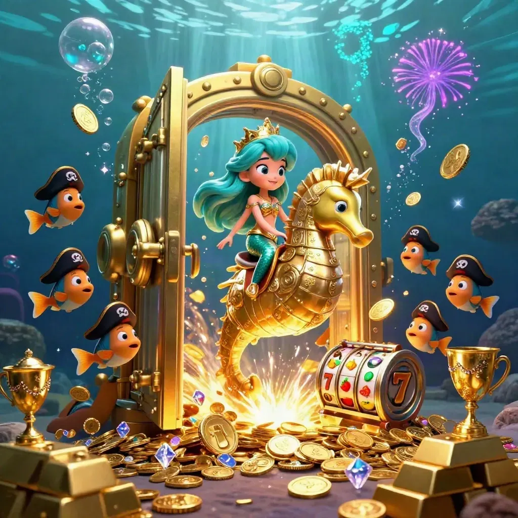 Mermaid princess on golden seahorse bursts from treasure vault with coins, gems, reels and fish.