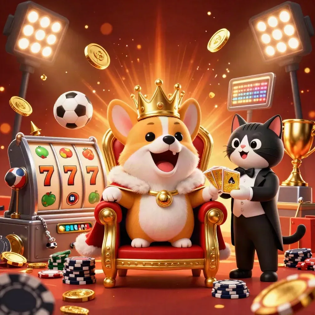 Royal corgi and cat butler amid coins, sports balls, reels, and fireworks in gladiator casino style.