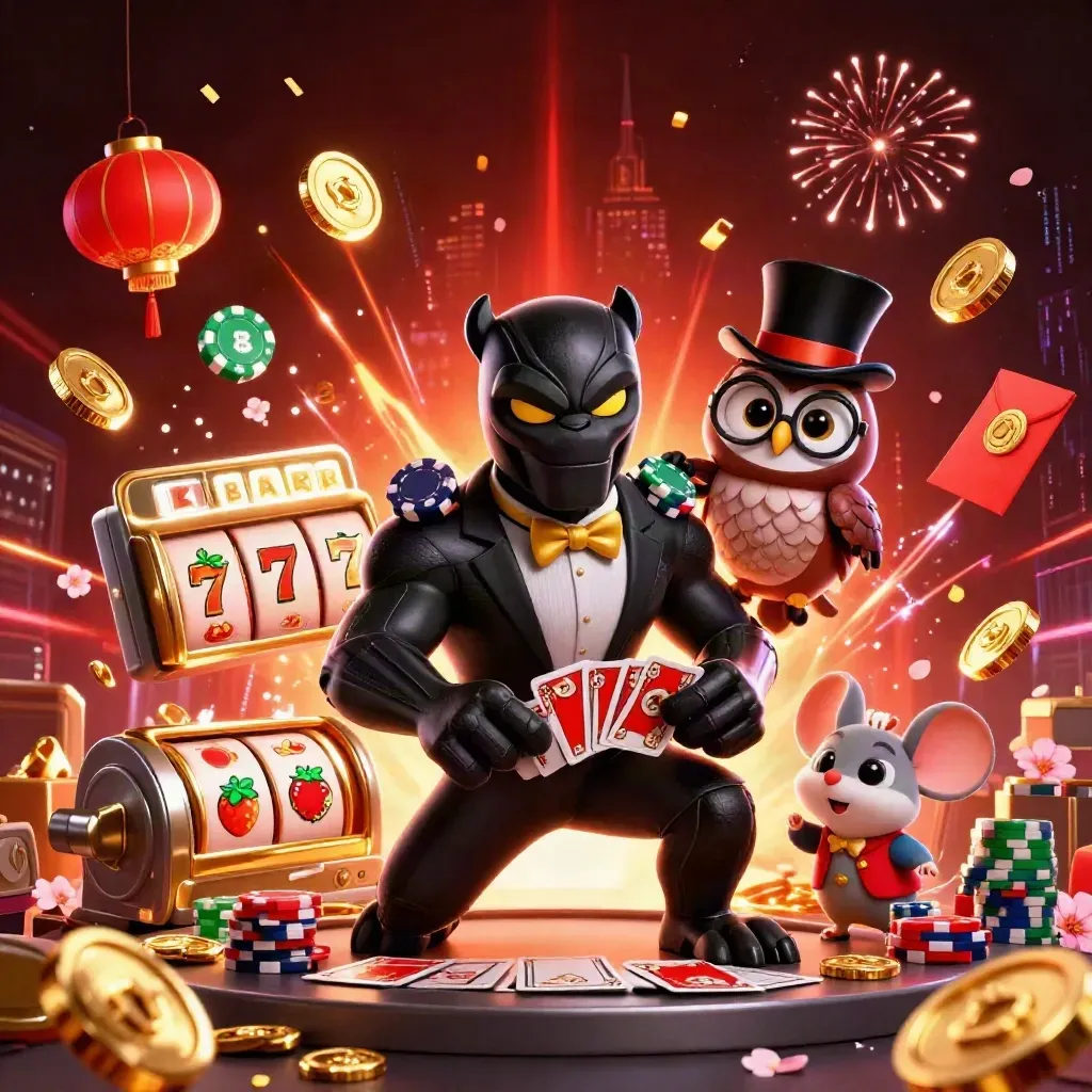 Black panther, owl, and mouse amid a vault burst of coins, lanterns, reels, and fireworks.
