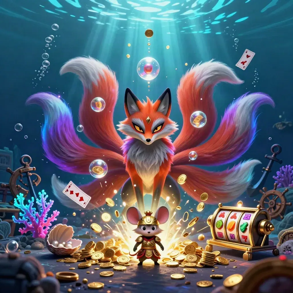 Neon nine-tailed fox spirit with samurai mouse, underwater casino treasure scene