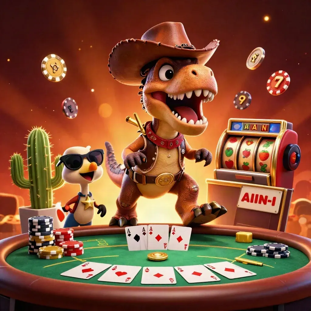 Cowboy T-Rex, cactus sidekick and sheriff roadrunner amid casino chips, cards and glowing reels