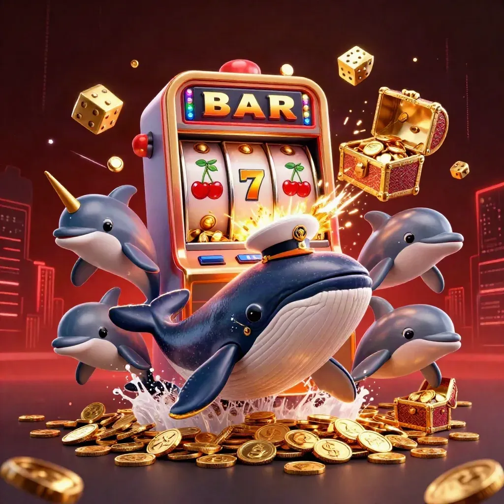 Whale captain, narwhal, and dolphins amid exploding slots, coins, and jackpot effects in crimson gold.