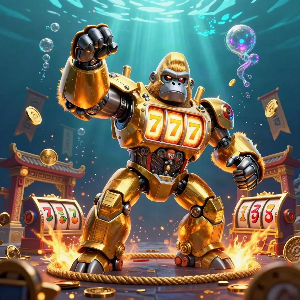 Golden gorilla mech with monkey pilot amid slot reels, coins, temple gate, and underwater glow.